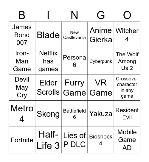 Summer Game Fest 2025 Bingo Card
