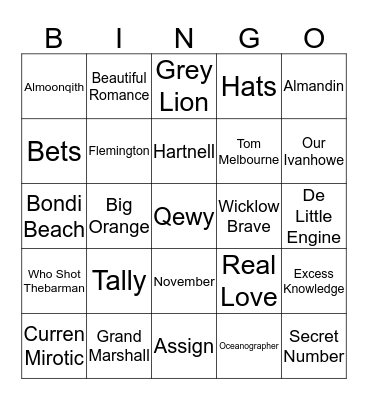 Melbourne Cup Bingo Card