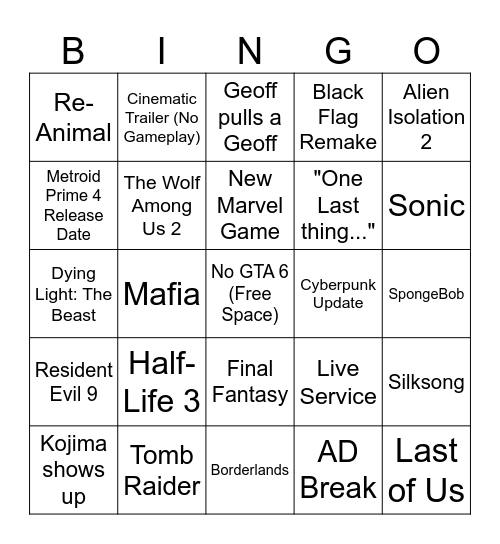 Summer Games Fest 2025 Bingo Card