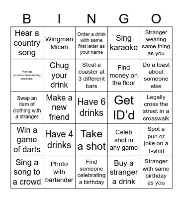 Pub Bingo Card