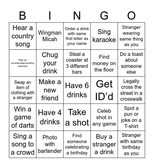 Pub Bingo Card