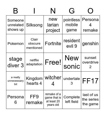 Summer games fest bingo Card