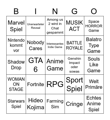 Summer Game Fest Bingo Card