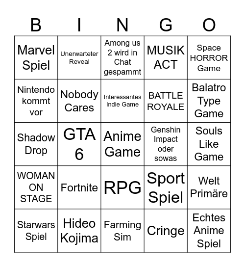 Summer Game Fest Bingo Card