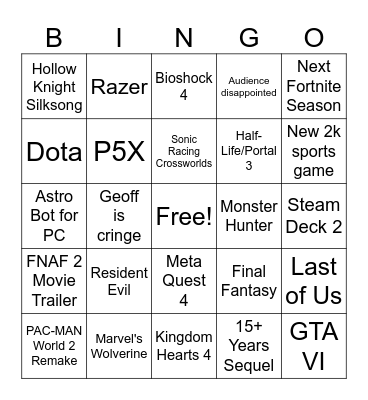 Summer Game Fest 2025 Bingo Card Bingo Card