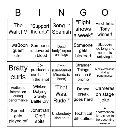 2025 Tony Awards Bingo Card