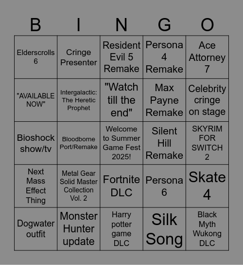 Summer Game Fest 2025 Bingo Card