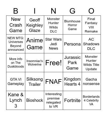 Summer Games Fest 2025 Bingo Card