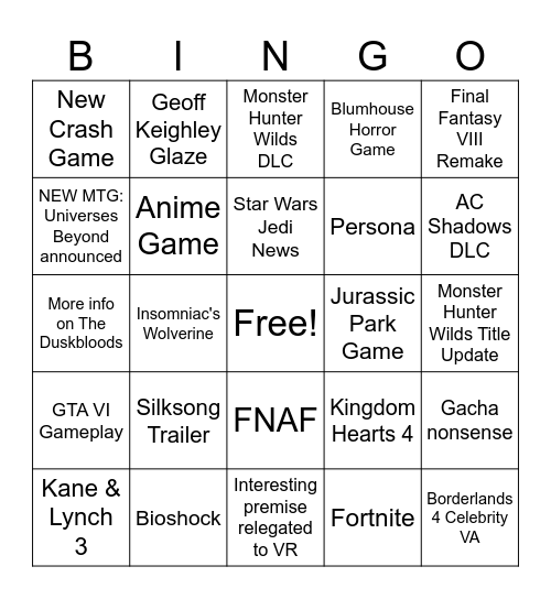 Summer Games Fest 2025 Bingo Card