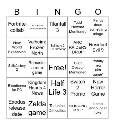 Summer Game Fest 2025 Bingo Card
