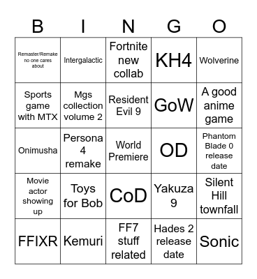 Summer Game Fest + xbox showcase Bingo Card
