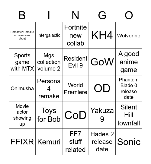 Summer Game Fest + xbox showcase Bingo Card