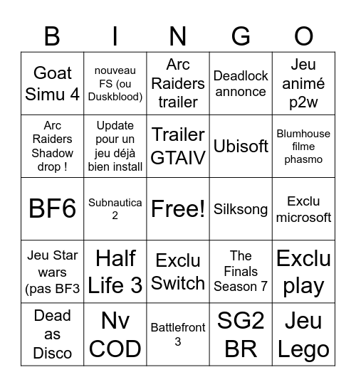 Summer Game fest Bingo Card