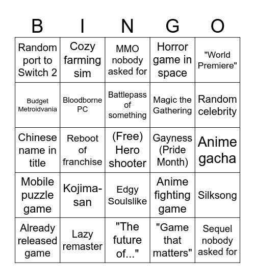 Summer Game Fest 2025 Bingo Card