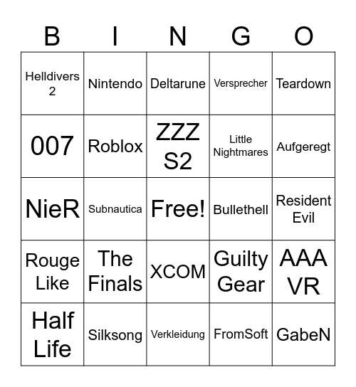Game Awards Bingo Card