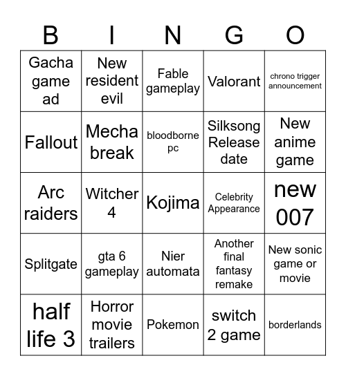 Game fest Bingo card Bingo Card