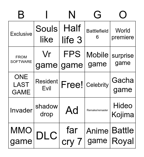 summer game fest Bingo Card