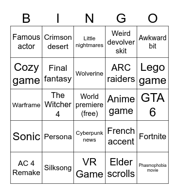 Summer game fest Bingo Card