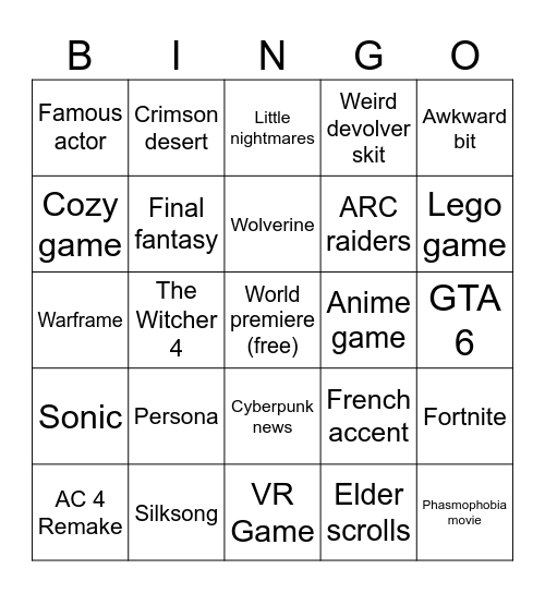 Summer game fest Bingo Card