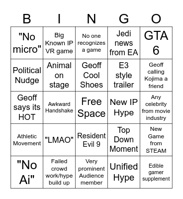 Summer Game Fest 2025 Bingo Card