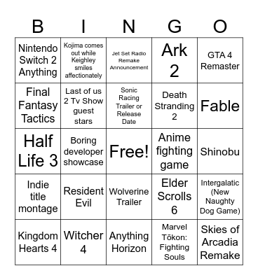 Summer Game Fest Bingo Card