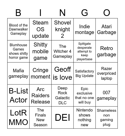 Summer Game Fest 2025 Bingo Card