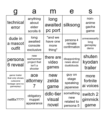 summer games fest Bingo Card