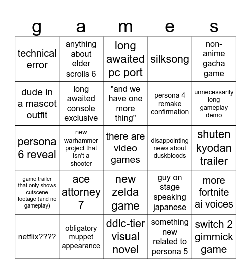 summer games fest Bingo Card