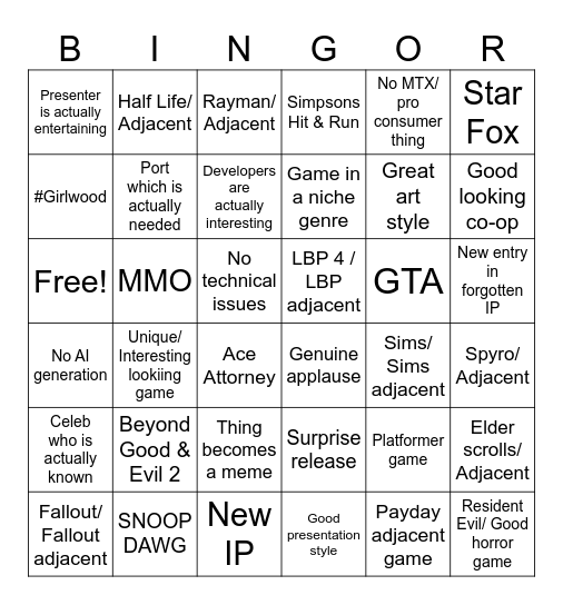 E3 good bingor Bingo Card