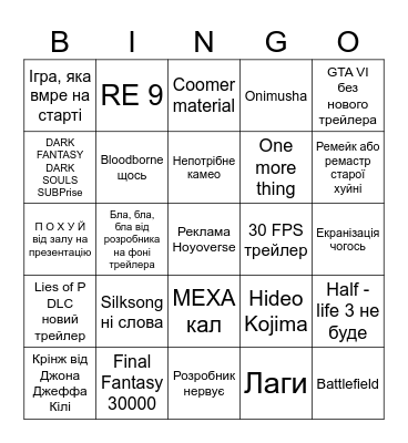 Summer game fest Bingo Card