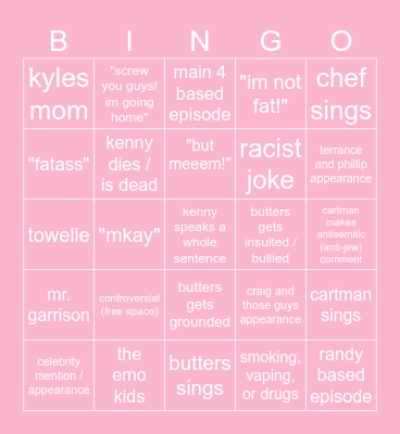 south park Bingo Card