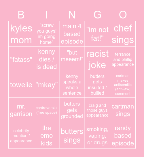 south park Bingo Card