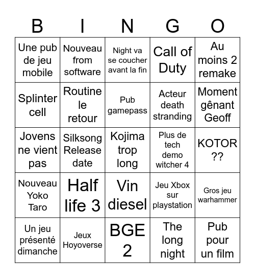 Summer game fest Bingo Card