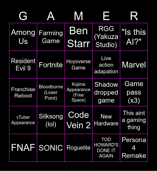 Summer Game FEST Bingo Card