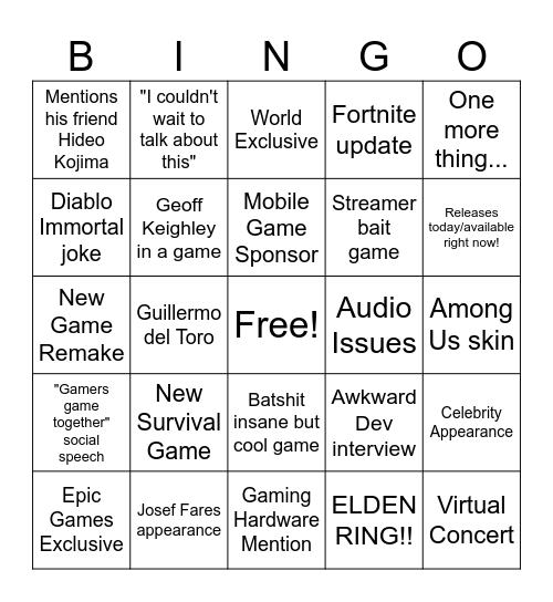 Summer Game Fest Bingo Card