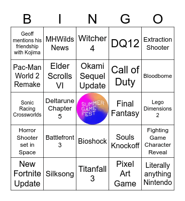 Summer Game Fest 2025 Bingo Card