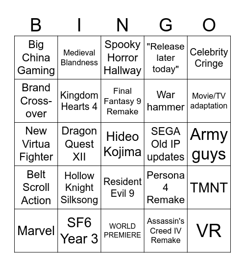 Summer Game Fest 2025 Bingo Card