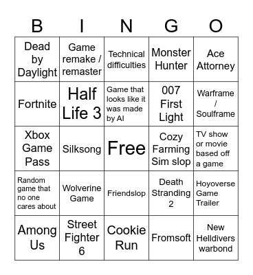 Summer Game Fest 2025 Bingo Card