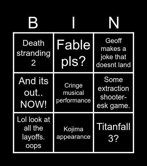 Summer Game Fest Bingo Card