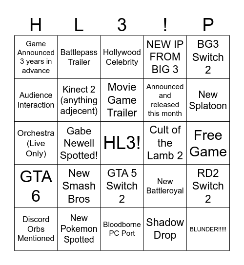 Game Awards 2025 Bingo Card