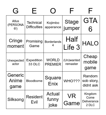 Summer Game Fest 2025 Bingo Card