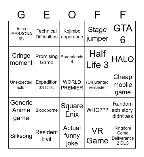 Summer Game Fest 2025 Bingo Card