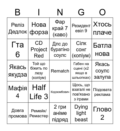 Summer Game Fest UA Bingo Card