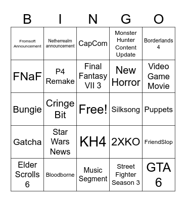 Red Cider Summer Game Fest Bingo Card