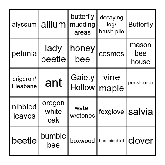 Pollinator Bingo Card