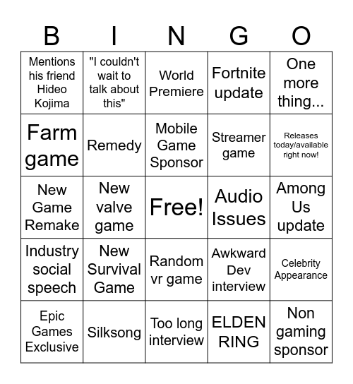 Summer Game Fest Bingo Card