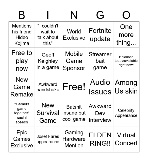 Summer Game Fest Bingo Card