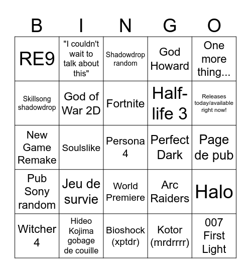 Summer Game Fest Bingo Card