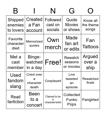Fandom Bingo Card
