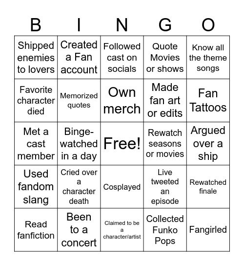 Fandom Bingo Card